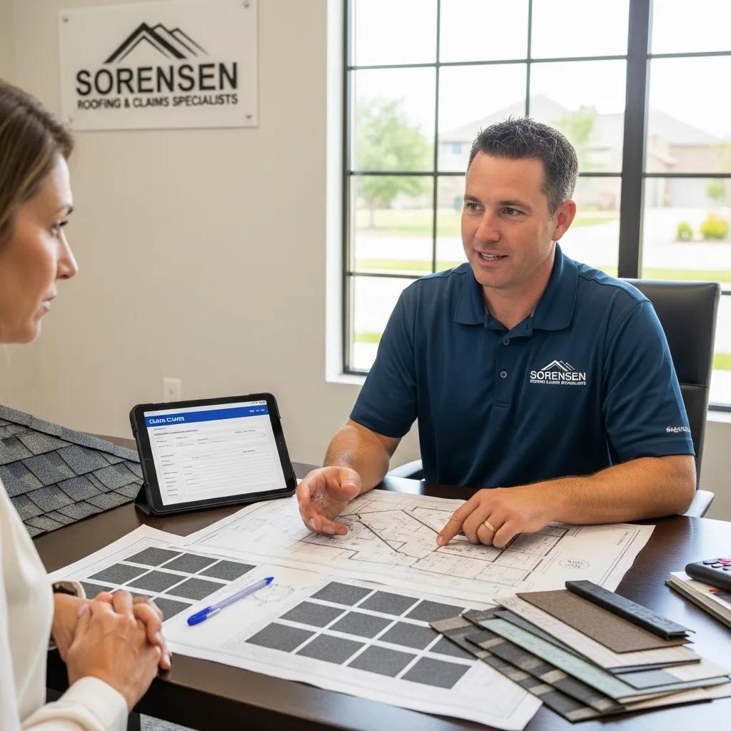 Brian Sorensen explaining roofing plans and insurance claims to a homeowner