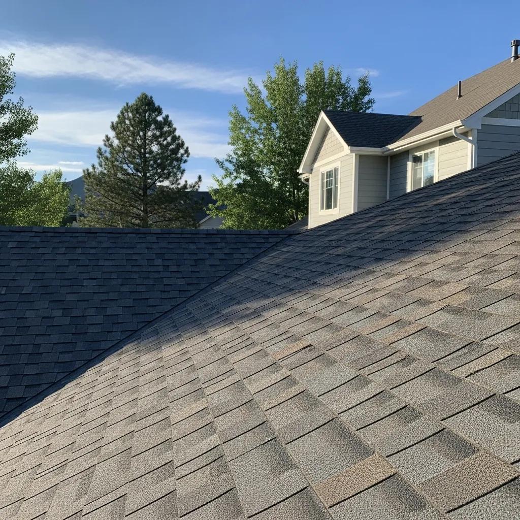 Close-up view of asphalt shingles on a Northern Colorado home showing texture and color variations