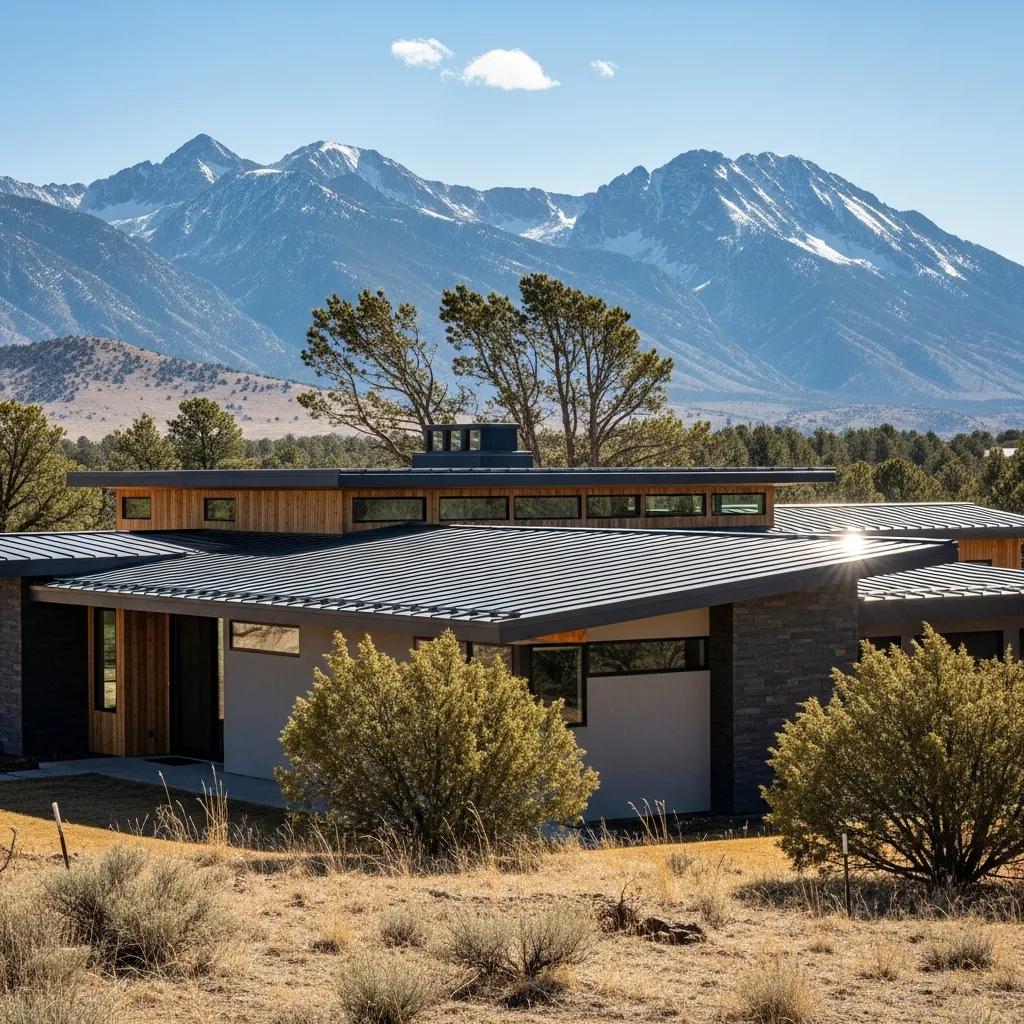 Contemporary home in Northern Colorado with a reflective metal roof emphasizing durability and energy efficiency